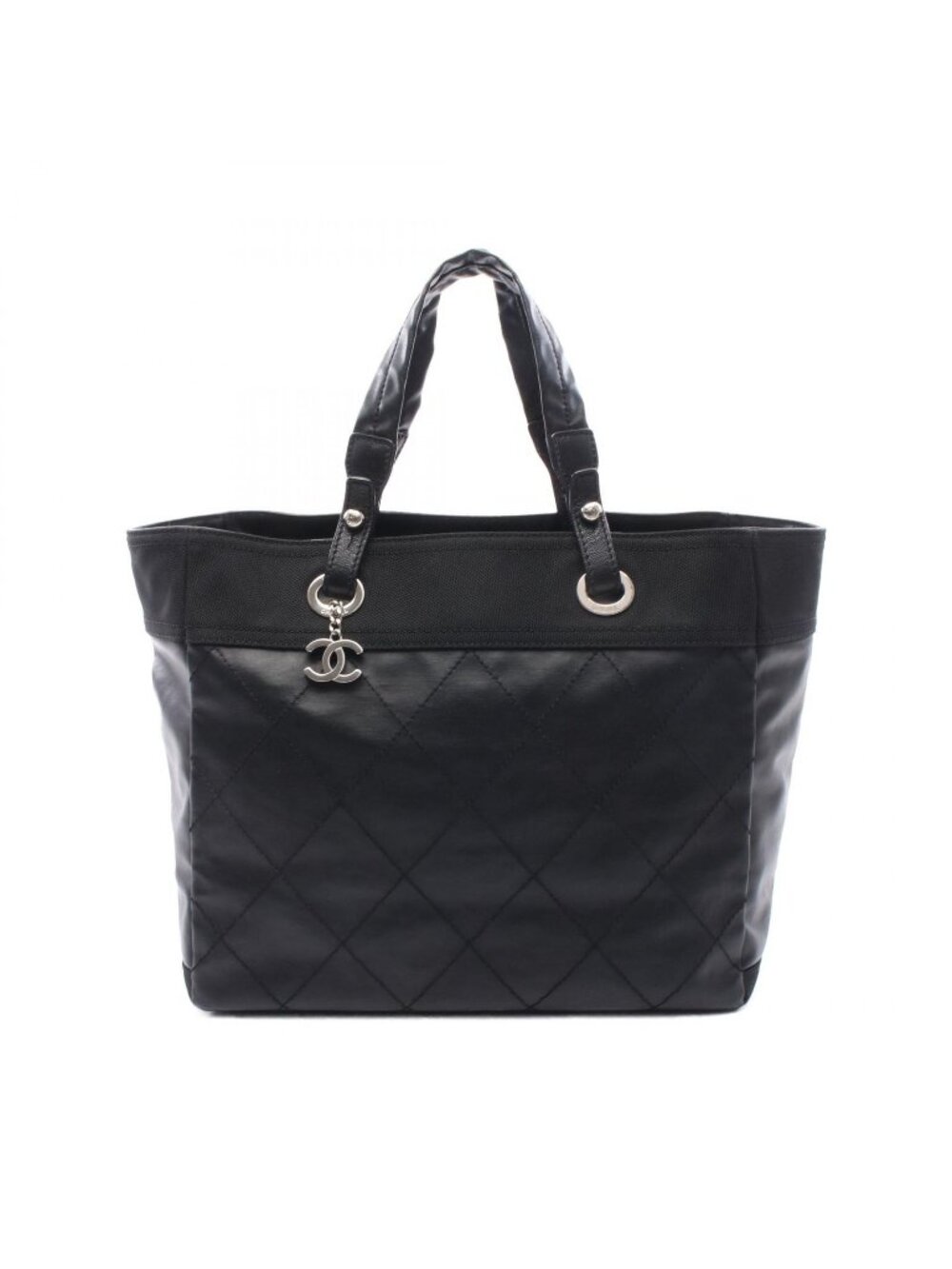 Chanel Tote Paris Biarritz MM Black Canvas Leather MM